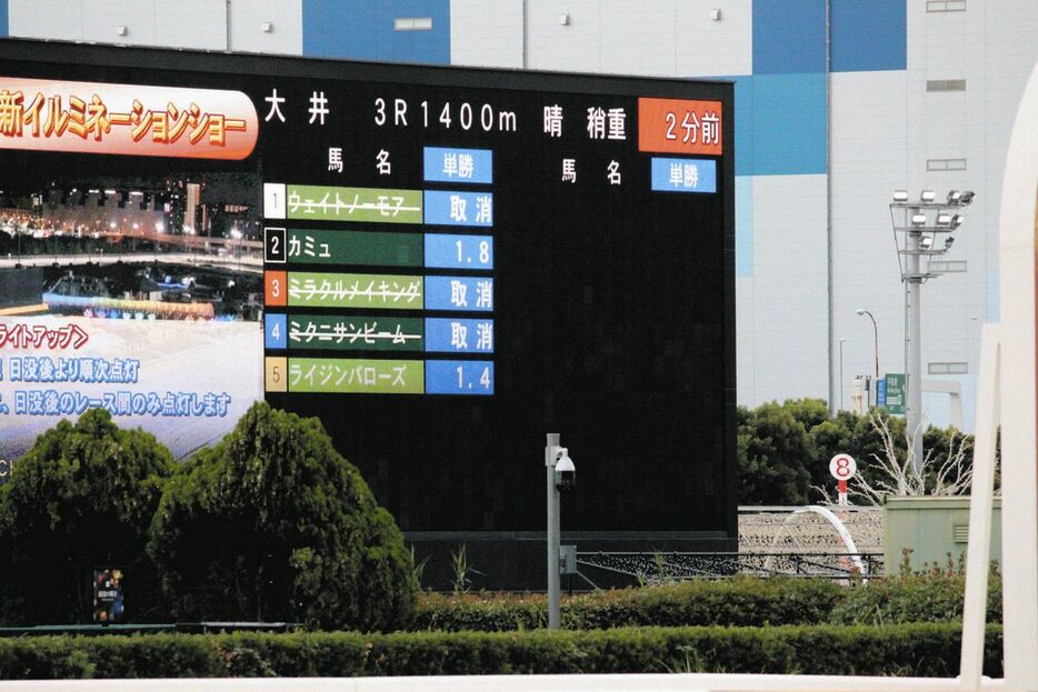 ２頭立てを知らせる大井競馬場の電光掲示板