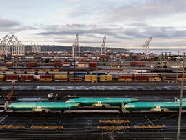 Boeing 737 Max fuselages on railcars in Seattle, Washington.