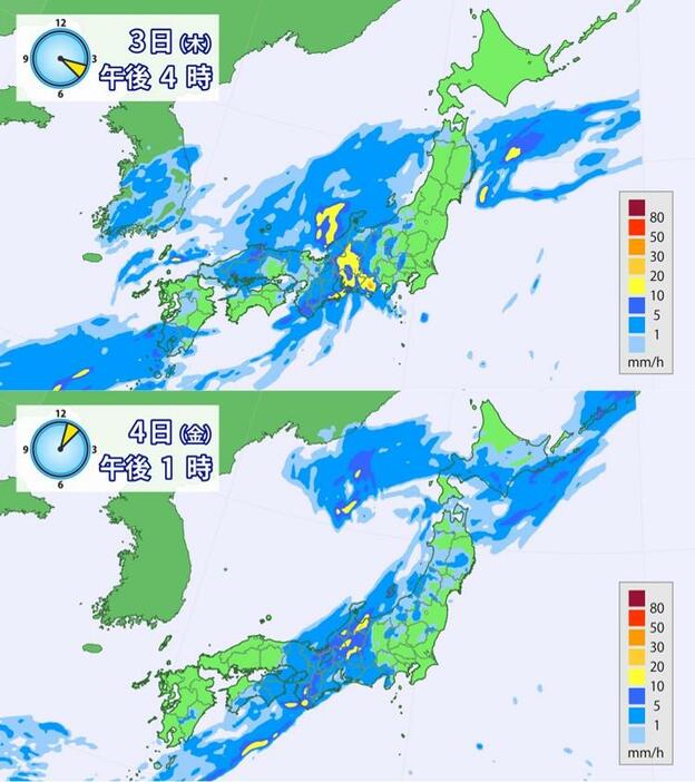 雨の予想（上：きょう3日午後4時、下：あす4日午前6時）