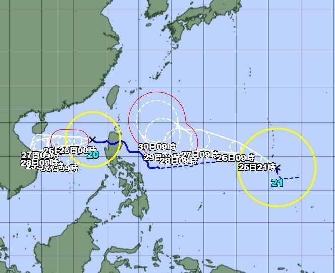 台風21号の予想経路図（10月25日正午現在）＝気象庁HPより