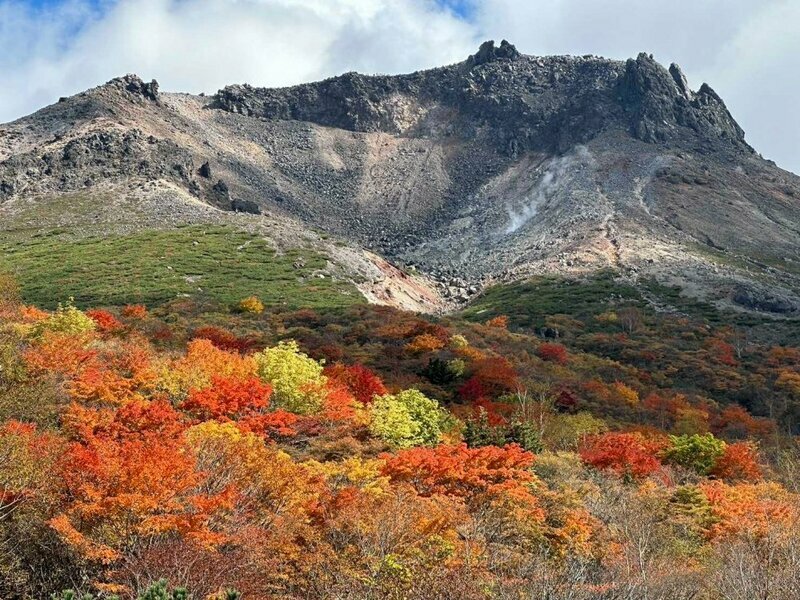 今週撮影、茶臼岳をバックに赤く染まる紅葉を堪能