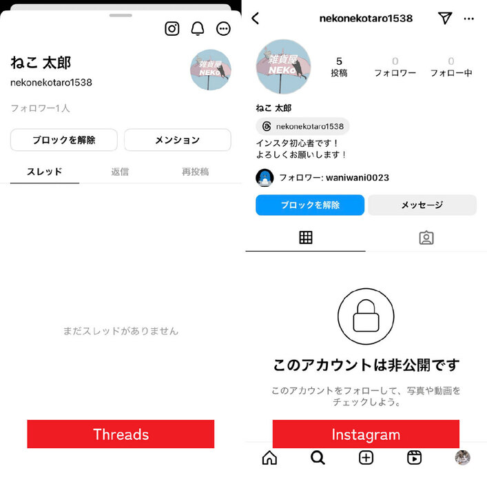 Threadsでブロックすると、Instagramでも連動してブロック状態となりました