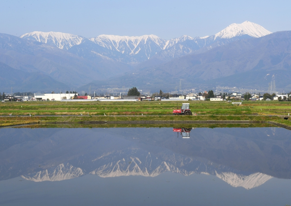 常念岳（右）など北アルプスの山々と麓に水田が広がる安曇野市の風景＝2024年6月撮影