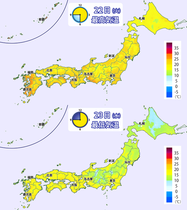 22日(火)の予想最高気温と23日(水)の予想最低気温の分布