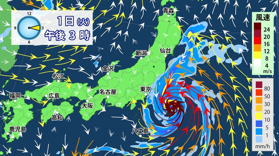 1日(火)午後3時の雨・風の予想