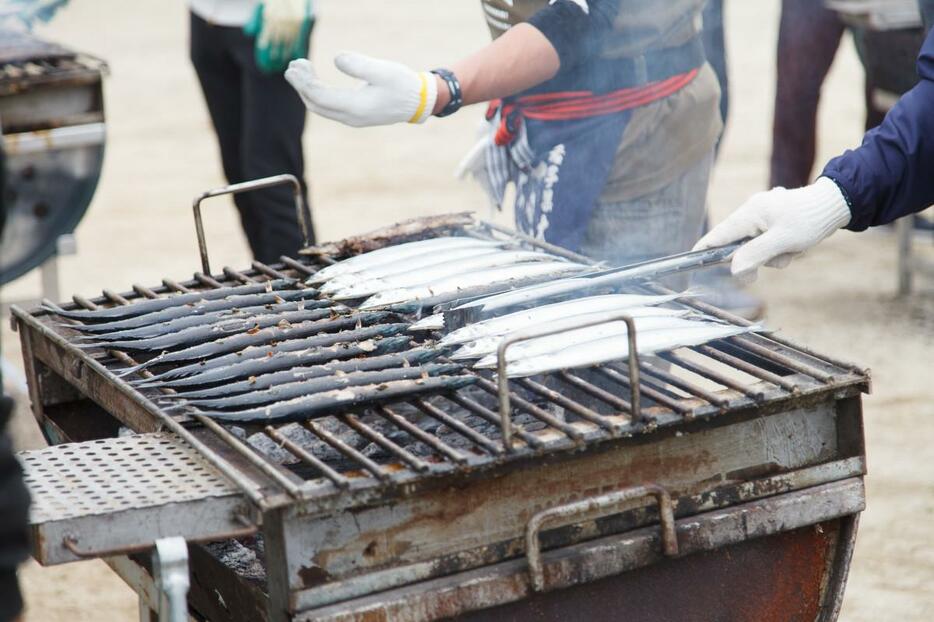 大船渡産のサンマ1300尾を炭焼きにして販売