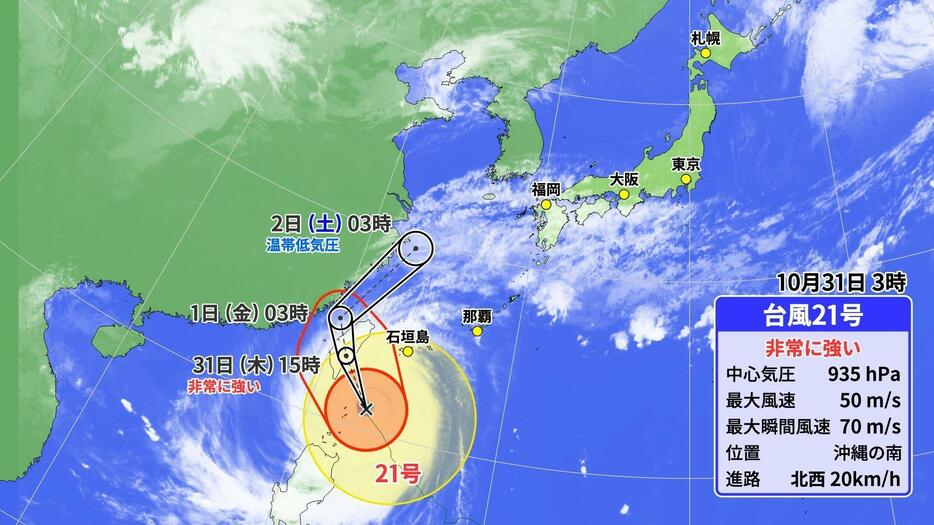 31日(木)午前3時の台風21号の位置と予想進路