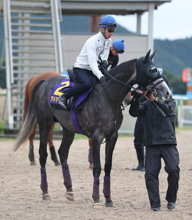 アドマイヤテラに騎乗する武豊騎手＝栗東トレセン（撮影・安部光翁）