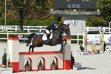 馬術少年スピードアンドハンディネス　障害物を軽快に飛び越える服部生（飛鳥未来高）とコレクター＝兵庫県三木市の三木ホースランドパーク