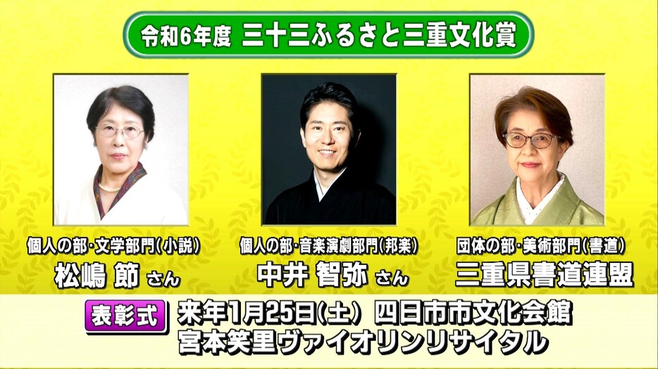 表彰式は来年1月25日に予定（三重テレビ放送）