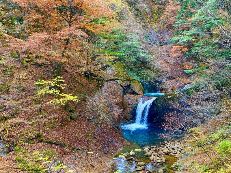 常緑樹とエメラルドグリーンの滝壺が紅葉に映える「竜神の滝」