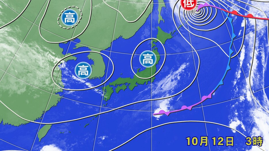 午前3時の雲画像と天気図