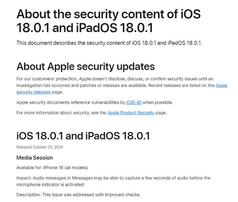 こちらがiOS 18.0.1のアップデート内容です（画像はApple公式サイトより引用）