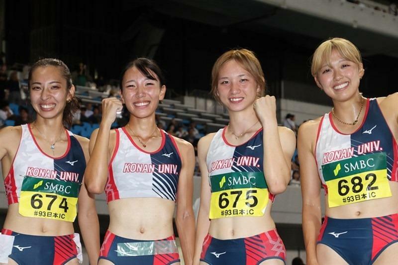 女子4×200mRで学生記録を樹立した甲南大カルテット。左から岡根、藏重、奥野、青山（写真は9月の日本インカレ）