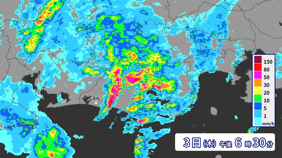 3日（木）午後6時30分の雨雲レーダー画像