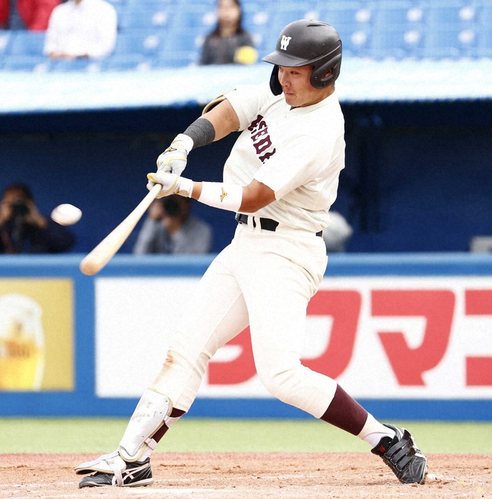 ＜明大・早大＞3番右翼で先発出場した早大・吉納（撮影・五島　佑一郎）