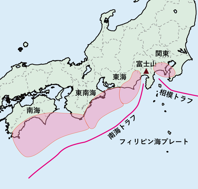 南海トラフに沿って発生する巨大地震の震源域(『富士山の謎を探る』築地書館の吉井敏尅氏の図を参考に作図)