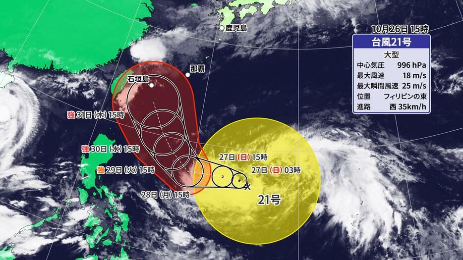 台風21号の予想進路と雲の様子