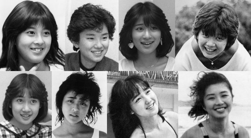 （左上から）森尾由美、大沢逸美、小林千絵、桑田靖子 （左下から）木元ゆうこ、松本明子、吹田明日香、柳澤純子＝1983年撮影