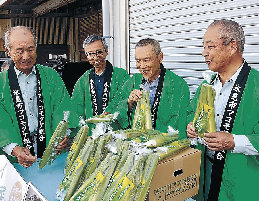 初出荷で集められたマコモタケ＝ＪＡ氷見市青果物センター