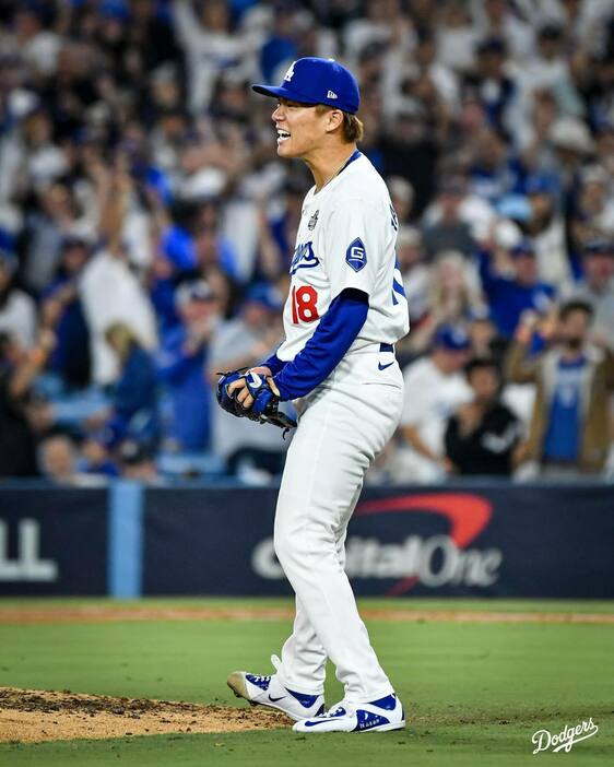 ワールドシリーズ第2戦で勝利投手となったドジャースの山本由伸(球団インスタグラムdodgersより)