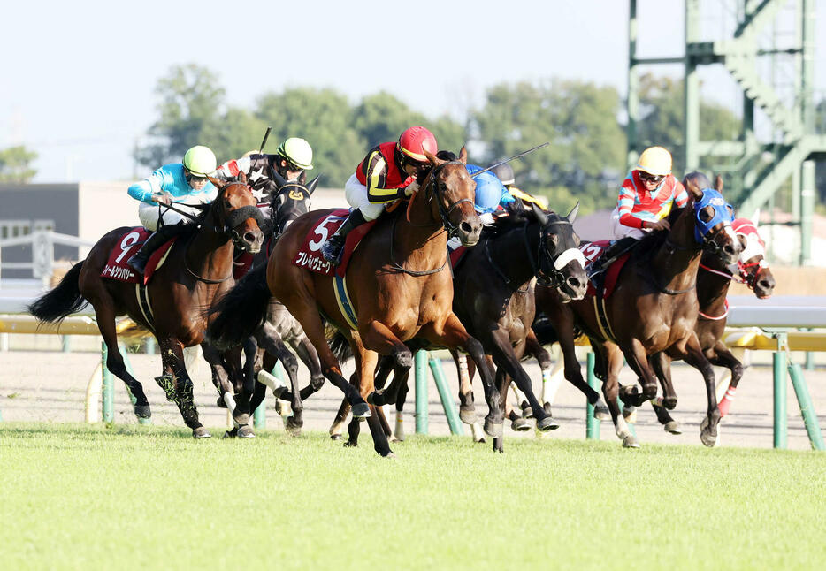 府中牝馬Sを制したブレイディヴェーグ（中央）とルメール騎手（撮影・鈴木正人）