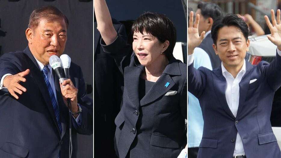 衆院選で応援演説のため各地を飛び回る（左から）石破茂首相（自民党総裁）、高市早苗前経済安全保障担当相、小泉進次郎選対委員長