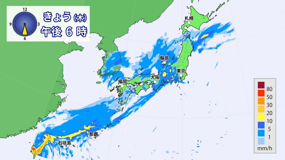 3日(木)午後6時の雨の予想