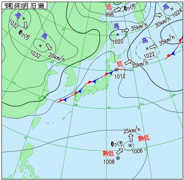 7日午前9時の実況天気図（気象庁発表）