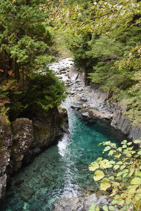 エメラルドグリーンの水が特徴の大桑村阿寺渓谷。村はふるさと納税の返礼品としての利用を検討する