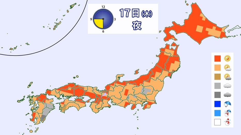 17日(木)夜の天気分布