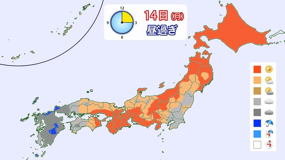 あす(月)の天気分布の予想