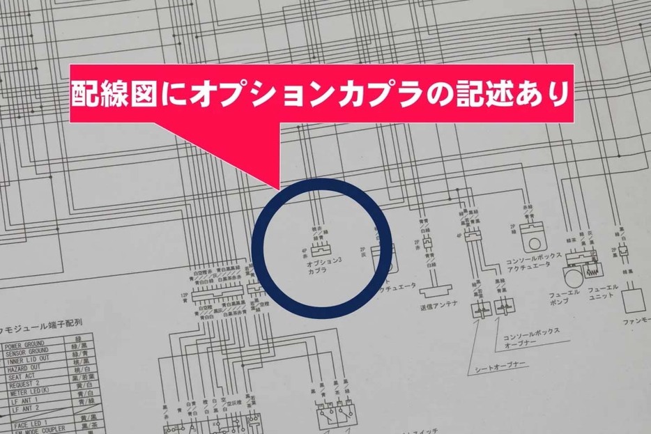 配線図に記載されている3種類のオプションカプラのうち、オプションカプラ3が電気アクセサリーに電源を供給できる。