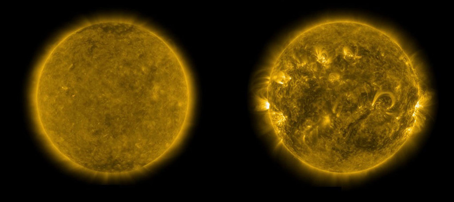 太陽観測衛星で撮影した2019年12月の活動極小期（左）と2024年5月の極大期の太陽（NASA提供・共同）