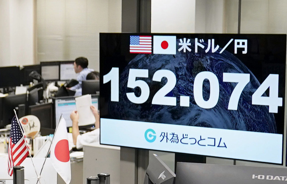 一時1ドル＝152円台を付けた円相場を示すモニター＝23日午後、東京都港区の外為どっとコム