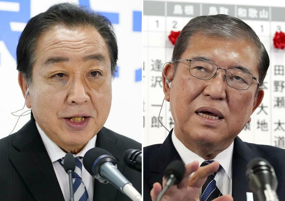 メディアのインタビューに応じる自民党総裁の石破首相（右）と立憲民主党の野田代表＝27日夜、東京都内