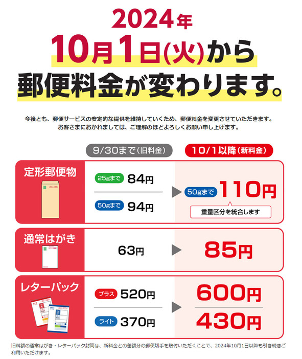 24年10月1日より郵便料金が値上げされました。もちろん、レターパックも60～80円ほど値上げされています（画像は日本郵政公式サイトより引用）