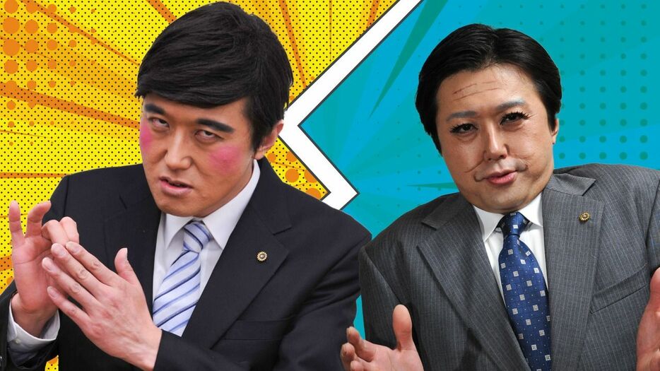 福本ヒデ氏が演じる石破茂首相（左）と野田佳彦元首相　TNPカンパニー提供