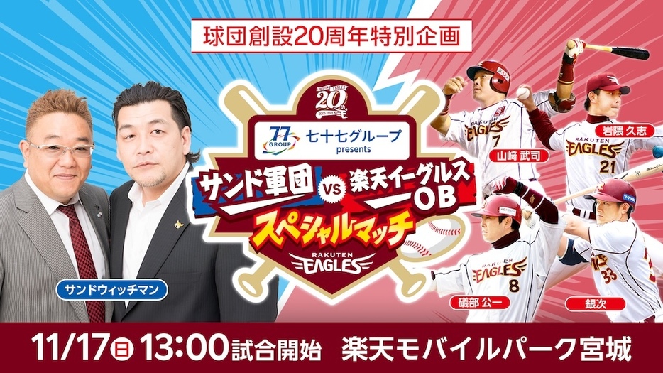 11月17日に七十七グループpresents サンド軍団VS楽天イーグルスOBスペシャルマッチ」を開催ⓒRakuten Eagles