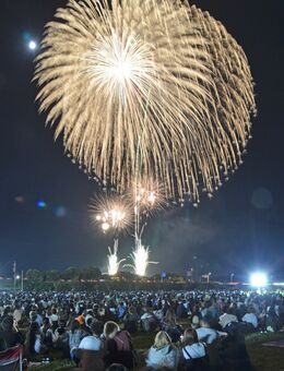 松浦川運動広場に座り、花火を見上げる人たち＝唐津市