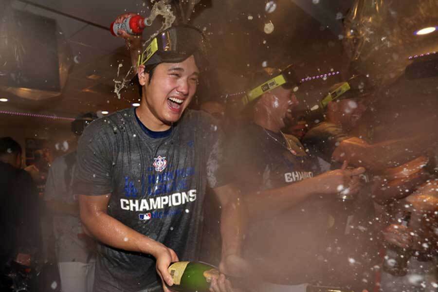 シャンパンファイトに参加したドジャース・大谷翔平【写真：Getty Images】