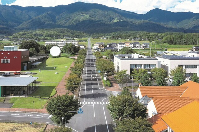 那岐山に真っすぐ伸びる奈義町のシンボルロード。左手にあるのが奈義町現代美術館