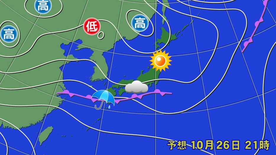 26日(土)午後9時の予想天気図