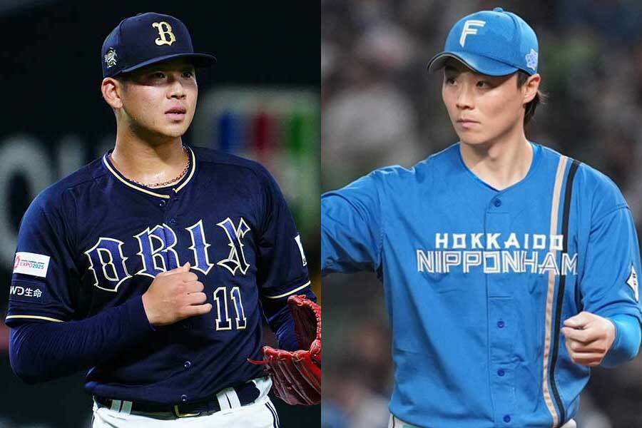 オリックス・山下舜平大（左）と日本ハム・山崎福也【写真：荒川祐史、小林靖】