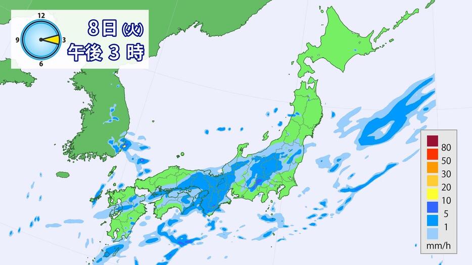 8日(火)午後3時の雨の予想