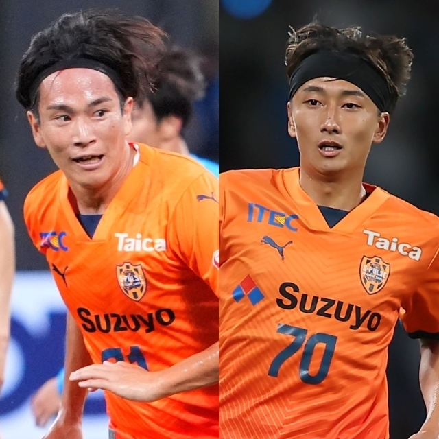 横浜FC戦の同点弾に関与した矢島（左）と原（右）。写真：田中研治（サッカーダイジェスト写真部）、福冨倖希