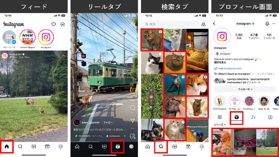 リールは右から二番目のリールタブからフォロー外のアカウントのリールを閲覧することができます。また、特定のアカウントのプロフィール画面の真ん中のタブからそのアカウントのリール一覧を閲覧することもできます