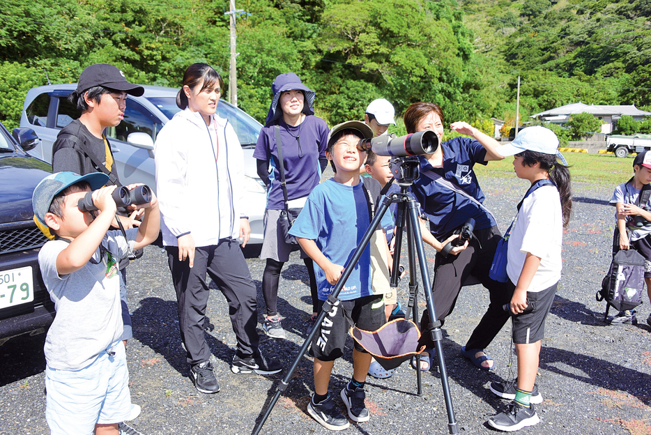 サシバを観察する参加者ら＝26日、鹿児島県宇検村宇検