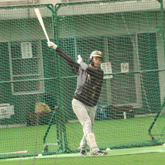 室内練習場でフリー打撃を行う阪神小幡（撮影・村松万里子）