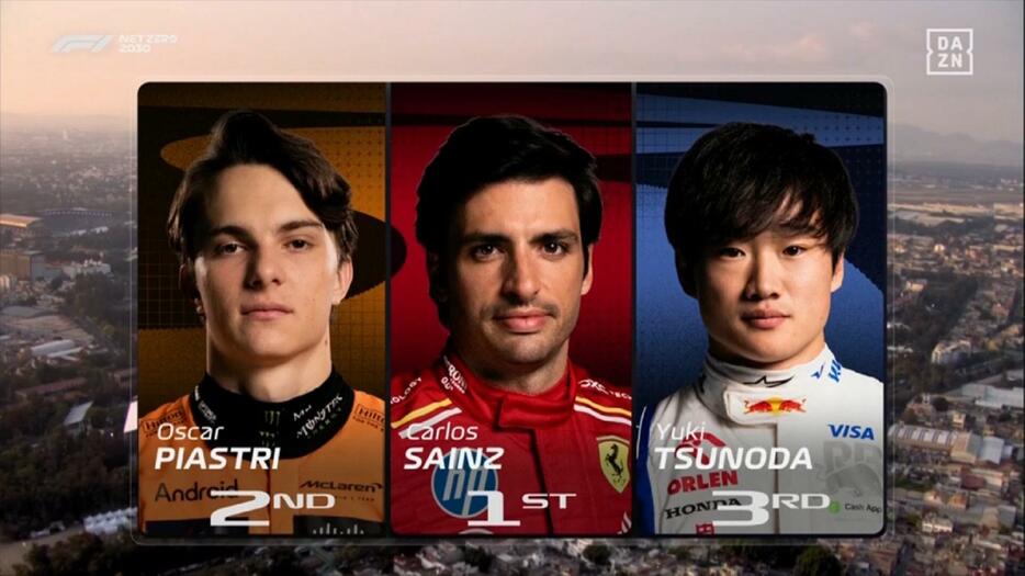 FP1に続き、FP2でもトップ3に入った角田裕毅が顔写真付きのリザルト表示となった／DAZN